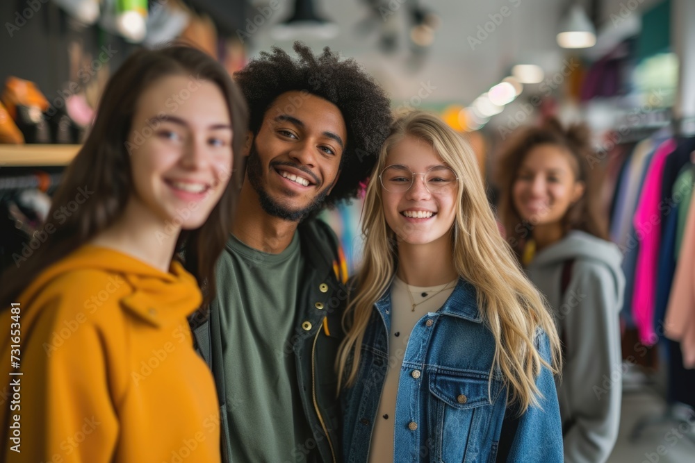 Group of diverse friends smiling in a clothing store. Lifestyle and fashion concept. Group of diverse friends smiling in a clothing store. Lifestyle and fashion concept.