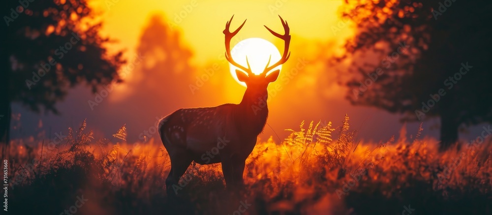 A beautiful scene of a deer standing in a field at sunset with the sun's rays passing through its antlers, creating a captivating natural landscape. A beautiful scene of a deer standing in a field at sunset with the sun's rays passing through its antlers, creating a captivating natural landscape.