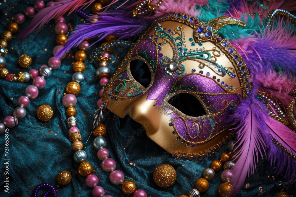 Mardi Gras Mask with Feathers and Beads on Velvet Fabric