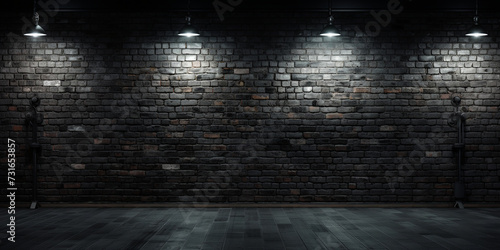 Dark brick wall, Grunge style interior with spotlights against old brick wall, 
