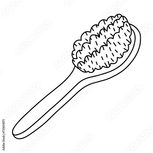 Cute doodle of wooden brush for anti cellulite massage, body and skin care. Natural tool for peeling, scrub and home spa procedure. Simple funny clipart with hand drawn outline isolated on white