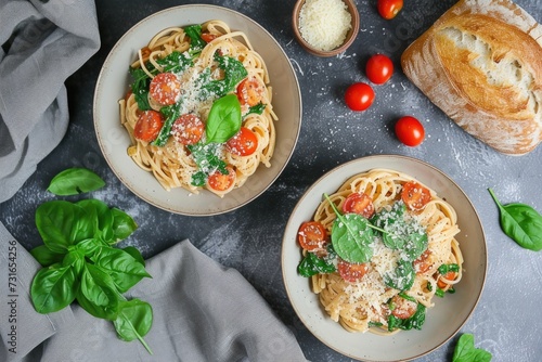 Spaghetti with tomatoes and basil on dark background.