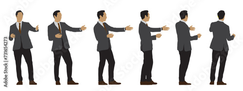 Vector concept conceptual silhouette of a man in a costume dancing  from different perspectives isolated on white background. A metaphor for expression, relaxation, leisure and lifestyle