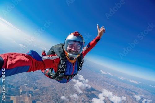 Skydiving senior man giving peace sign. Close-up action shot with clear sky.
