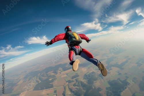 Skydiver in freefall over rural landscape. Aerial view with clear blue sky