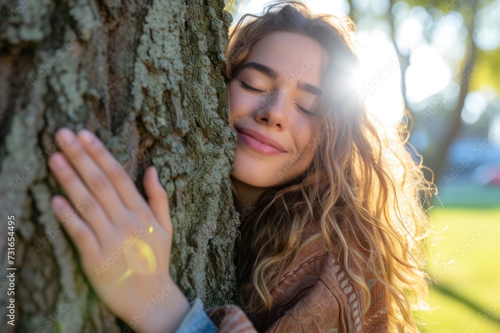 Woman hugging tree with eyes closed in a serene park. Woman hugging tree with eyes closed in a serene park.