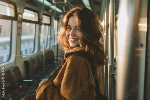 Smiling woman enjoying a city tram ride on a sunny day.