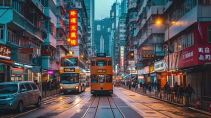 Busy street scene with trams and neon signs in Hong Kong.