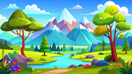 Cartoon summer landscape with trees and moutains