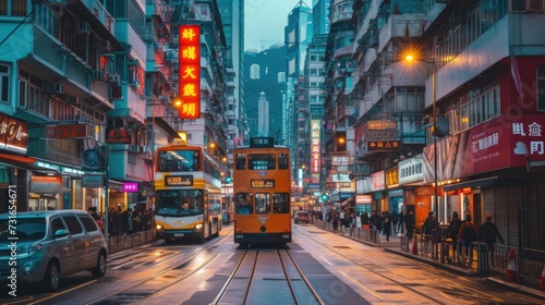Busy street scene with trams and neon signs in Hong Kong.