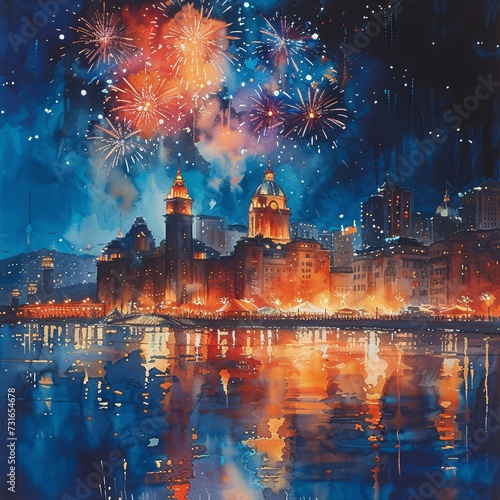 New Year's Eve Fireworks Over the City Generative AI