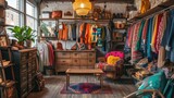 Eclectic Vintage Clothing Store Interior with Colorful Assortment