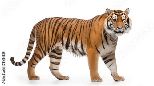 A powerful and majestic scene capturing a tiger  masterfully isolated against a pristine white background 