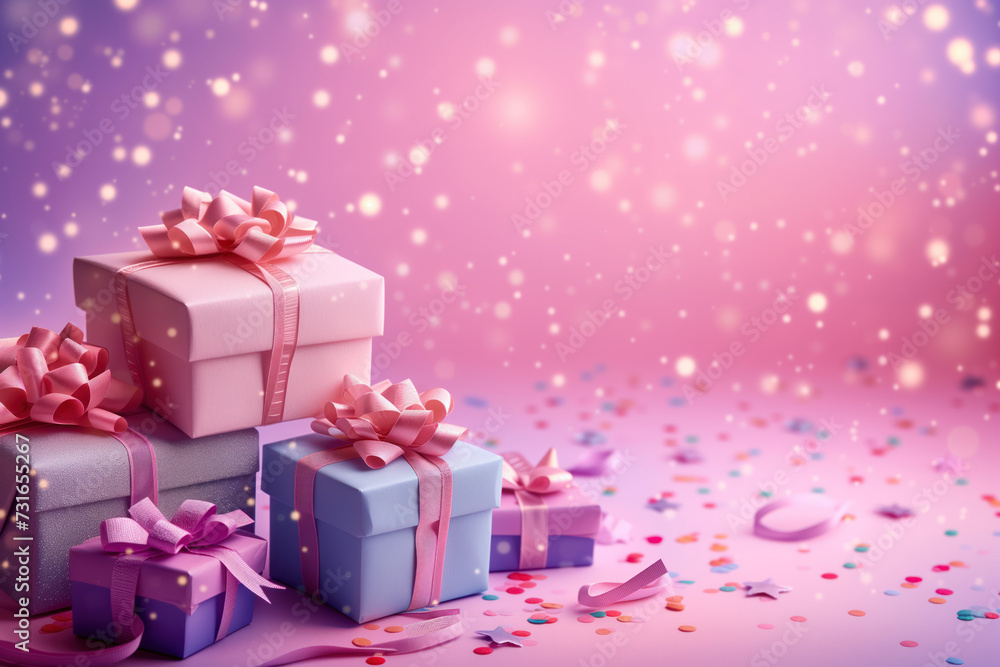 Colorful birthday gifts slide background.. Created with Generative AI technology