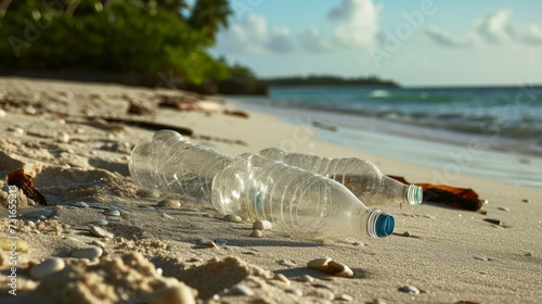 Plastic bottles near the sea polluting environment and seashore