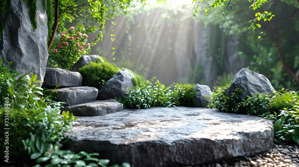 Stone podium display for product presentation isolated on green nature background. sunlight. showcase for packaging product presentation. mockup, copy space. Front view. Stone podium display for product presentation isolated on green nature background. sunlight. showcase for packaging product presentation. mockup, copy space. Front view.