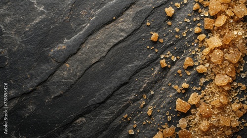 Black slate background with brown cane sugar