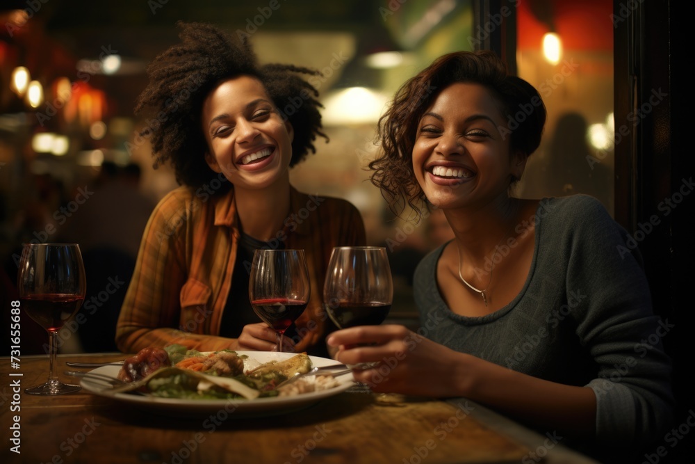 Celebrating Friendship with Dinner: Two Afroamerican Women Smiling