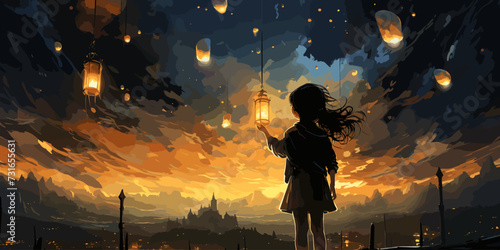 A young girl standing during the day reaching out to grab a star in the night dimension, digital art style, illustration painting
