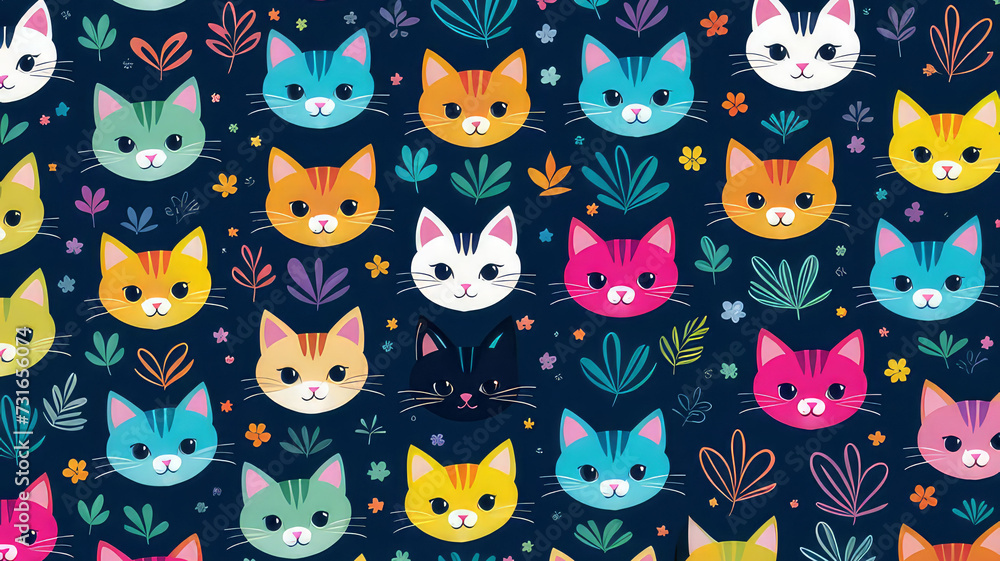 Abstract seamless colorful cat faces pattern on dark blue background. Funny cats wallpaper for textile and fabric. Generative AI Abstract seamless colorful cat faces pattern on dark blue background. Funny cats wallpaper for textile and fabric. Generative AI