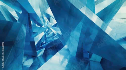 Double exposure photo of abstract architectural surfaces. Walls, ceiling. Futuristic interior fragment in blue color. Polyhedron or triangular geometric background structure