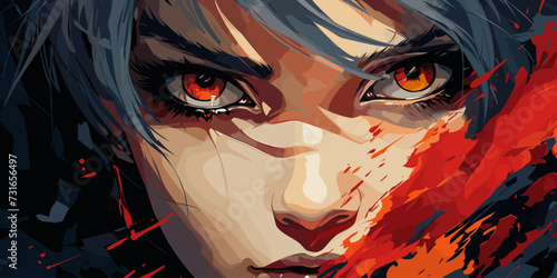 Anime face with red eyes from cartoon. Web banner for anime, manga vector flat bright colors