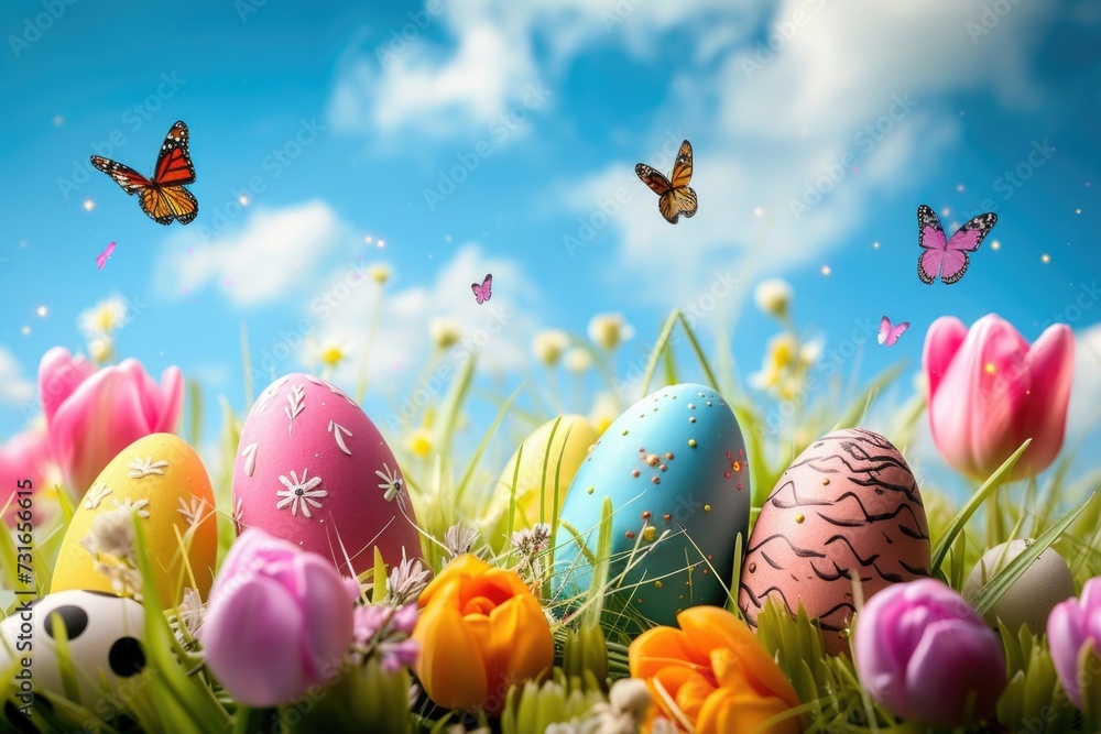 Festive egg finding concept. Side view closeup image of bright Easter eggs cleverly hidden in a grassy field full of spring flowers, with the flutter of butterflies on a sunlit day. Generated AI Festive egg finding concept. Side view closeup image of bright Easter eggs cleverly hidden in a grassy field full of spring flowers, with the flutter of butterflies on a sunlit day. Generated AI