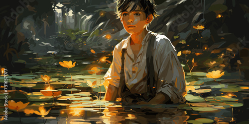 young man on giant lily pad leaf in fantasy swamp, digital art style, illustration painting