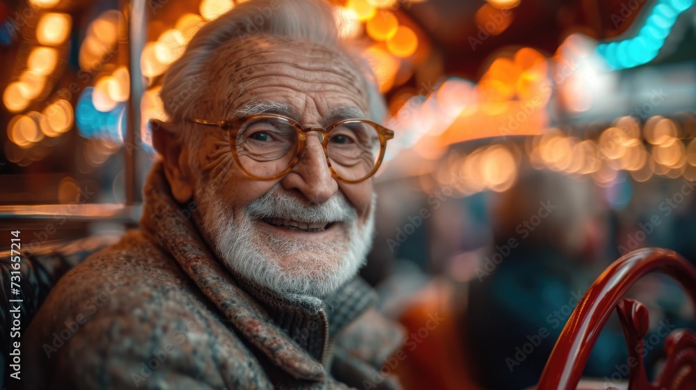portrait of a person, couple in the park, The happy emotions of an elderly men and women having good time on a roller coaster in the park