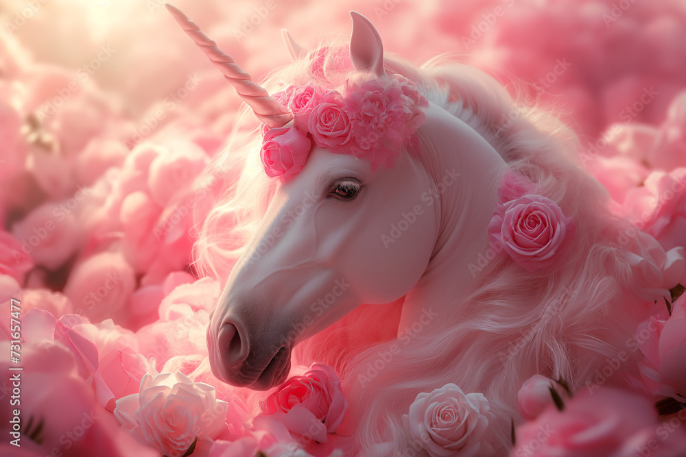 White Unicorn with Floral Wreath Amidst Pink Flowers. A Serene and Enchanting Scene Perfect for Wallpaper or Backgrounds, Emanating the Beauty and Grace of the Mythical Creature
