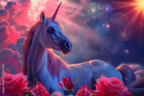 Fantastical Image of a Beautiful Unicorn in Vivid Fantasy Colors. A Whimsical and Enchanting Illustration Capturing the Magic and Wonder of the Mythical Creature