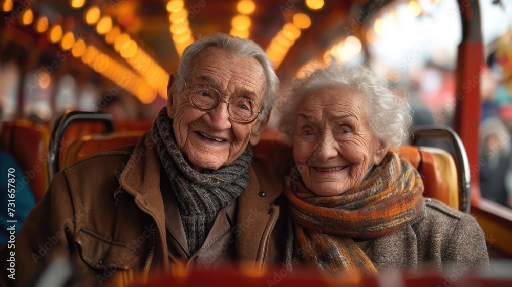 couple in the park, The happy emotions of an elderly men and women having good time on a roller coaster in the park