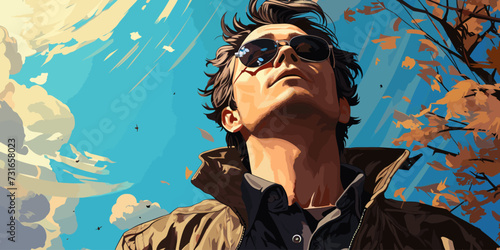 lonely man looks up at the sky feeling blue background are windy autumn leaves in pastel vector illustration