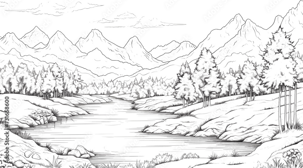 Landscape with mountain river lake forest, outline drawing vector scenery panorama