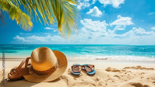 Sun glasses, flip flops, hat, sunglasses on a tropical beach with palm trees next to it