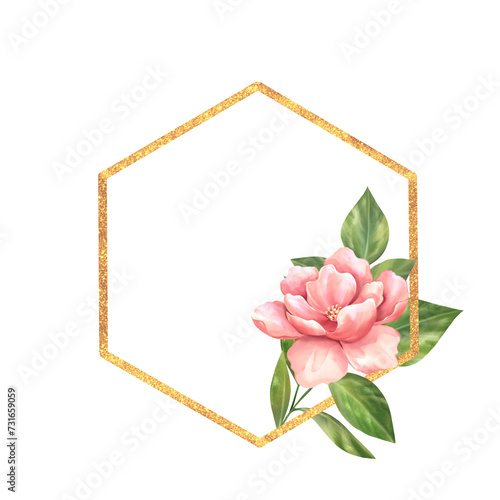 Gold hexagonal frame with flower. Floral design.