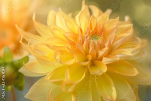 Closeup of bright blooming yellow dahlia flower growing in garden over blurred background on sunny day. generative ai.