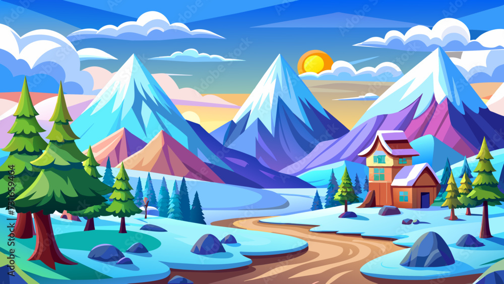 Cartoon winter landscape with snow on trees and mountains