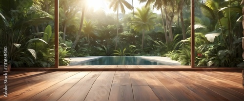 An empty wooden terrace with 3D rendering, wooden plank floor against the background of a tropical-style garden, reflection of sunlight