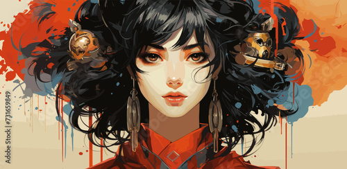 Portraits of a samurai devil girl. Retro anime style illustration vector flat bright colors