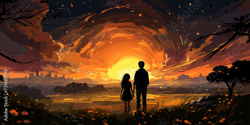 brother and sister in a meadow looking at meteors in the sky, digital art style, illustration painting