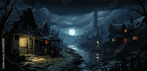 night scene of a man looking at the old house with junk all around, digital art style, illustration painting