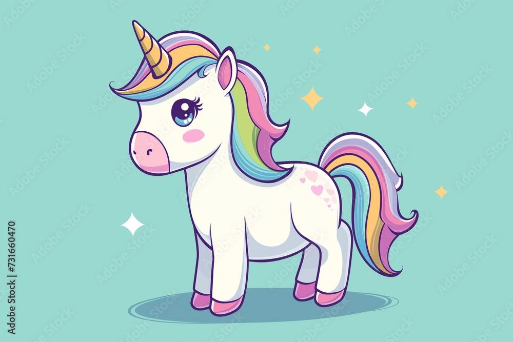 Naklejka premium Cute Cartoon Baby Unicorn on a Mint Green Background. A Delightful Illustration of a Sweet and Adorable Young Unicorn Against a Soft Pastel Backdrop