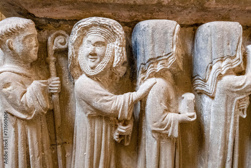 nun smiling, Sepulcher of Urraca Díaz de Haro, chapter house, 12th century, Monastery of Santa María de San Salvador de Cañas, Cañas, La Rioja, Spain photo