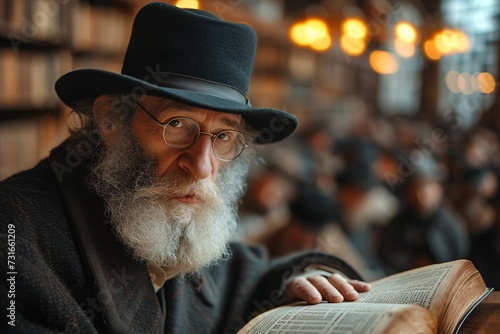 Glasses-Wearing Man in Black Hat Reading Book in Library Generative AI