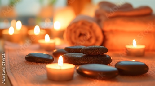   andles  stones and towel in a spa  Burning candles  stones and towel on massage table