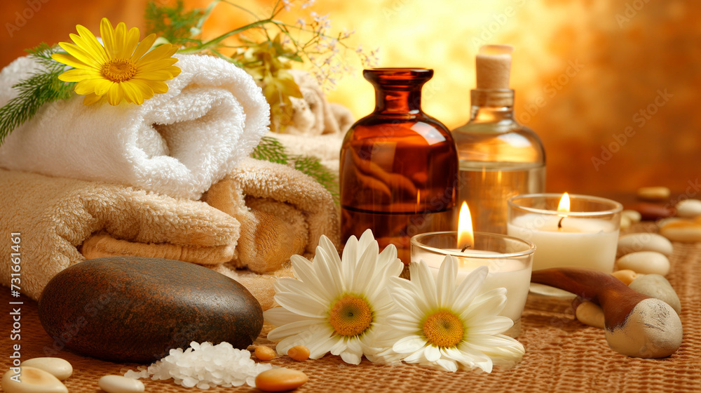 Composition with bottles of cosmetic products, spa accessories and flowers on spa Composition with bottles of cosmetic products, spa accessories and flowers on spa
