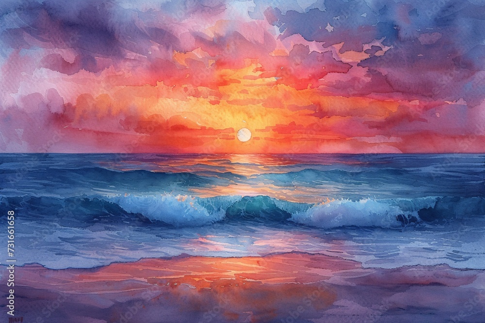 Sunset at the Beach: A Painting of a Beautiful Ocean Scene Generative AI