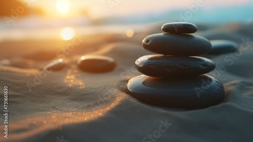 Zen meditation stone background, Zen Stones on the beach, concept of harmony