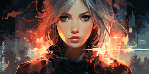 Portrait of anime cyber girls with huge light sword. Illustration in the retro style film. vector